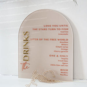The Drinks Bar Menu - Mirror Gold Accent Bar Menu Wedding Sign - 8x10 Dome